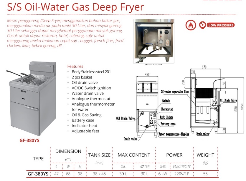 SS Oil Water Gas Deep Fryer GETRA GF-380YS